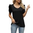 thumbnail image 1 of Tops De Verano Camiseta informal para mujer, manga abullonada, cuello en V, moda, ligera, combina con todo (negro M) Ygjytge para Mujer Negro T L, 1 of 8
