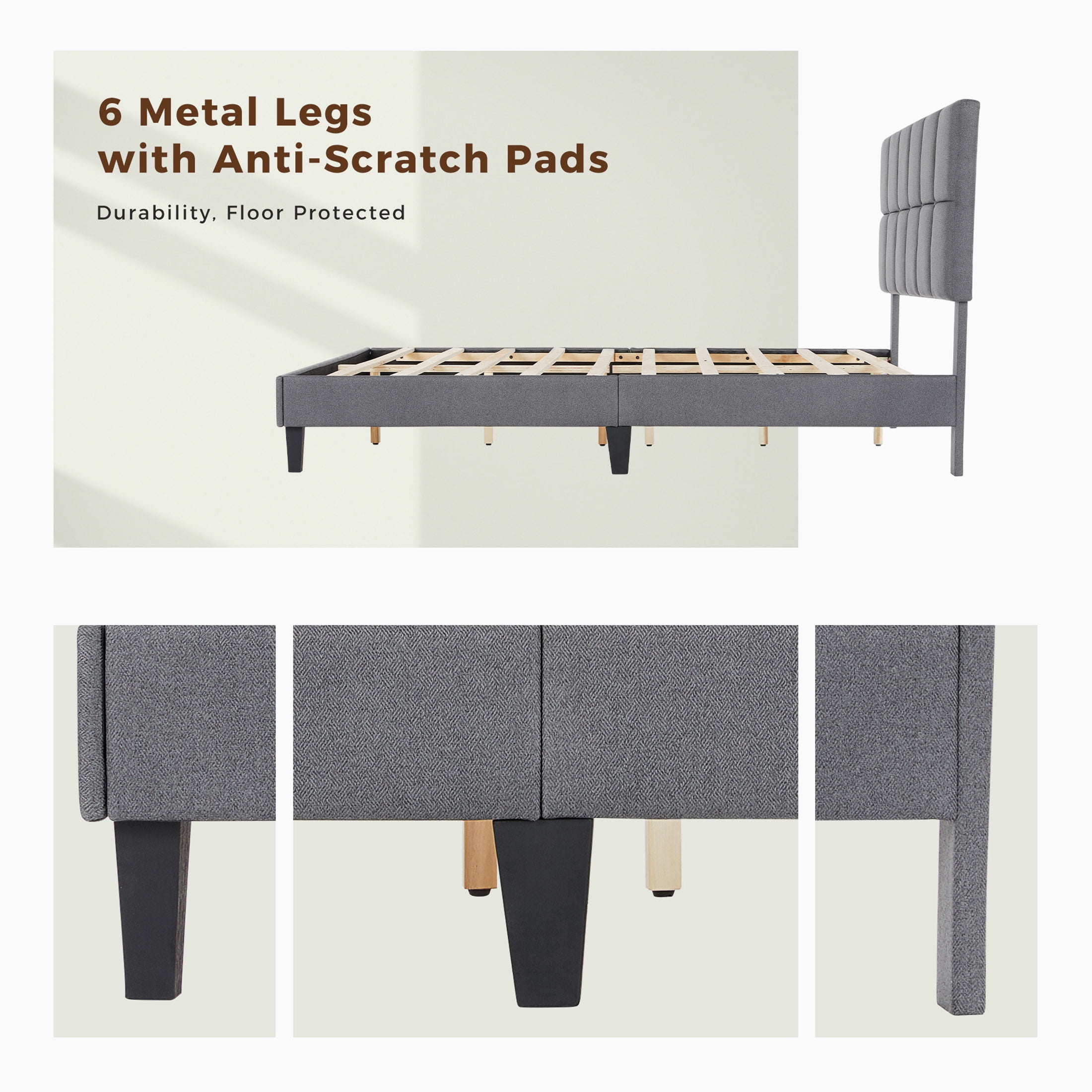 CONCETTA Queen Size Bed Frame, 800LBS Wooden Slats Support, Fabric Upholstered Platform Bed with Adjustable Headboard and No Box Spring Needed, Grey