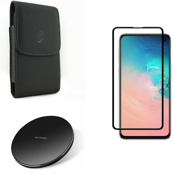 Galaxy S10e Screen Protector w Case Belt Clip w Wireless Charger - Tempered Glass 5D Curved Edge, Leather Holster Cover, Fast 7.5W and 10W Charging Pad for Samsung Galaxy S10e Phone