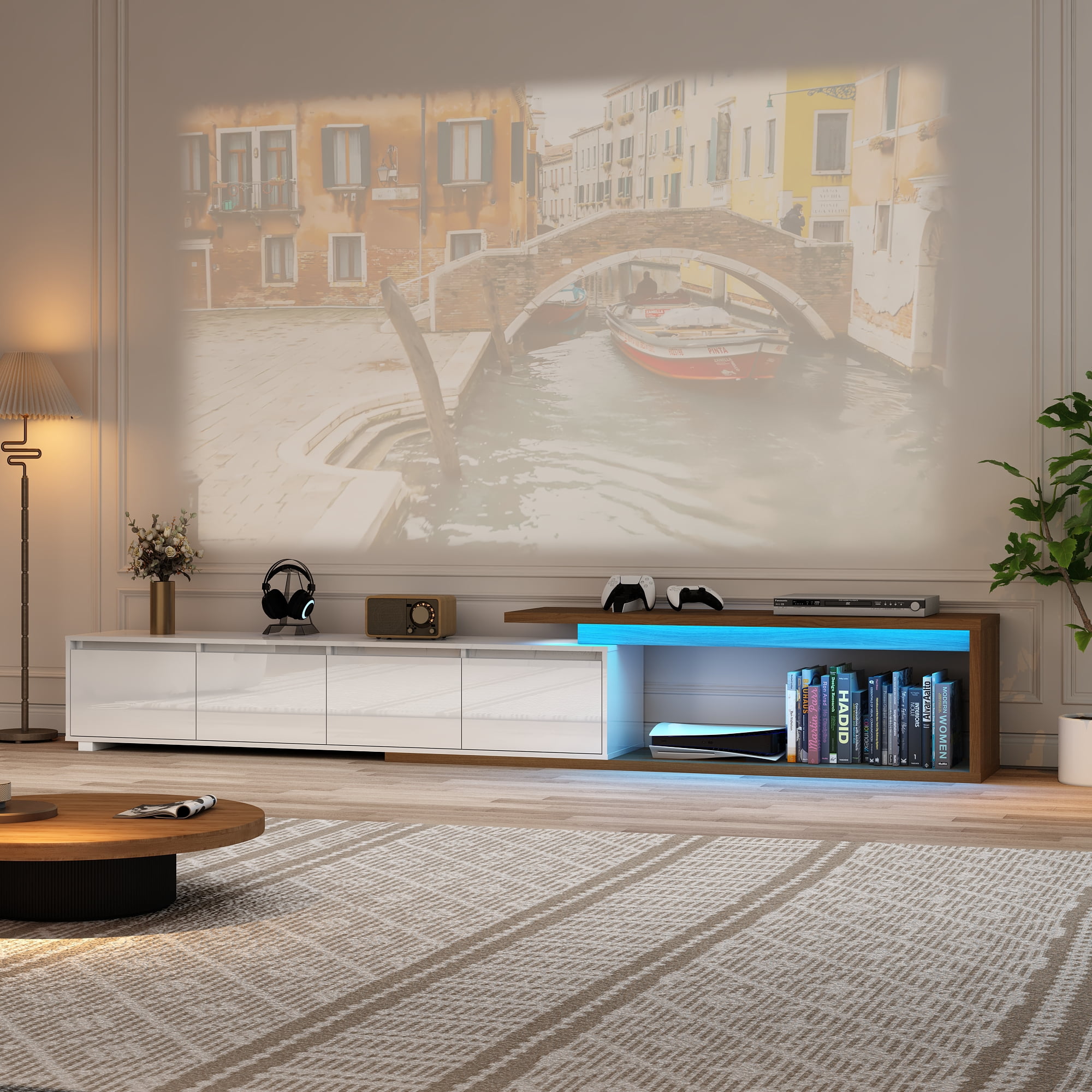 ANPOO Extendable TV Stand Cabinet with Drawers & LED Light, High Gloss Modern Minimalist Entertainment Center for Up to 120" TV, Reversible Extra Long TV Media Console, White & Walnut