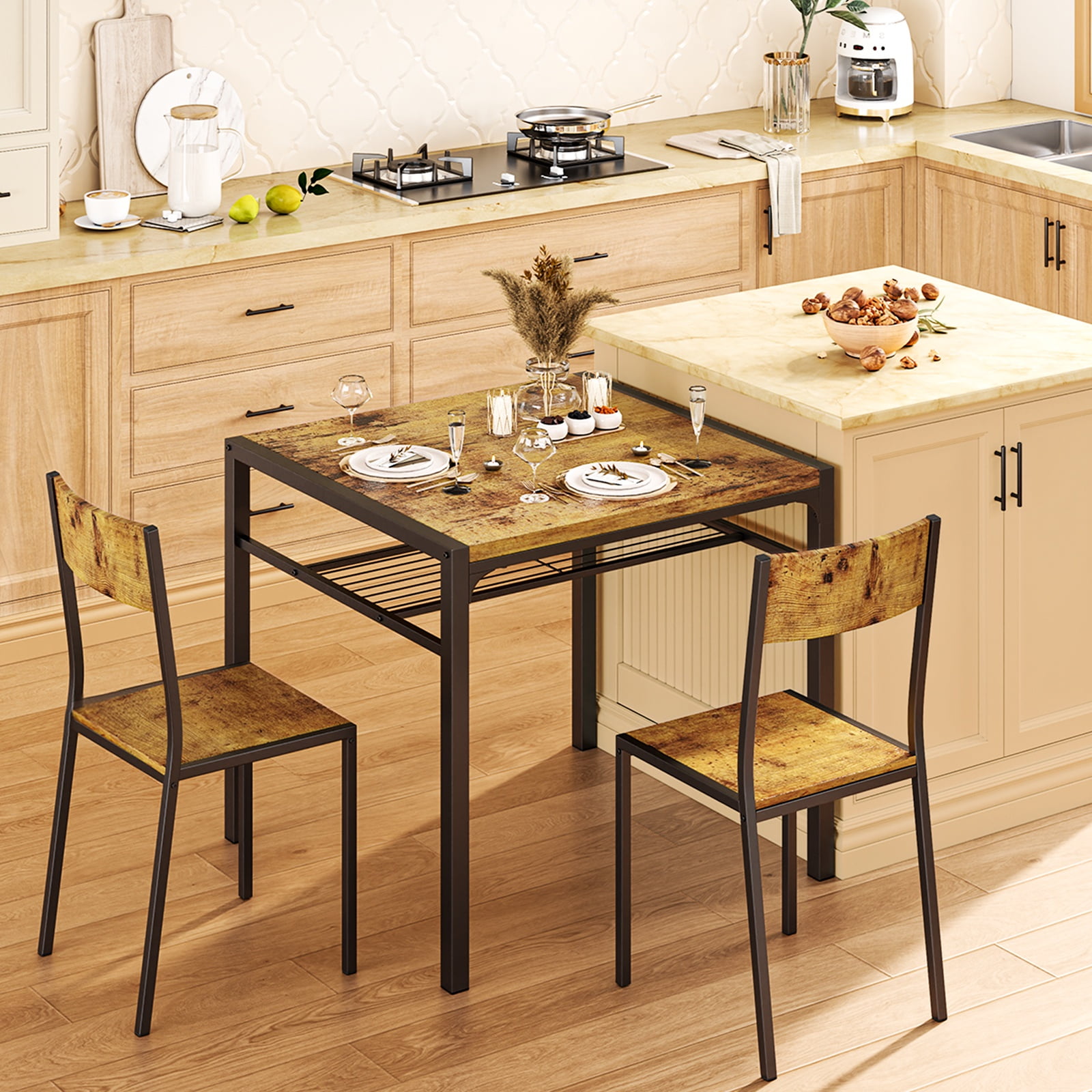 Lofka Modern Dining Room Table Set for 2 with Storage Shelf for Kitchen/Small Spaces, Retro