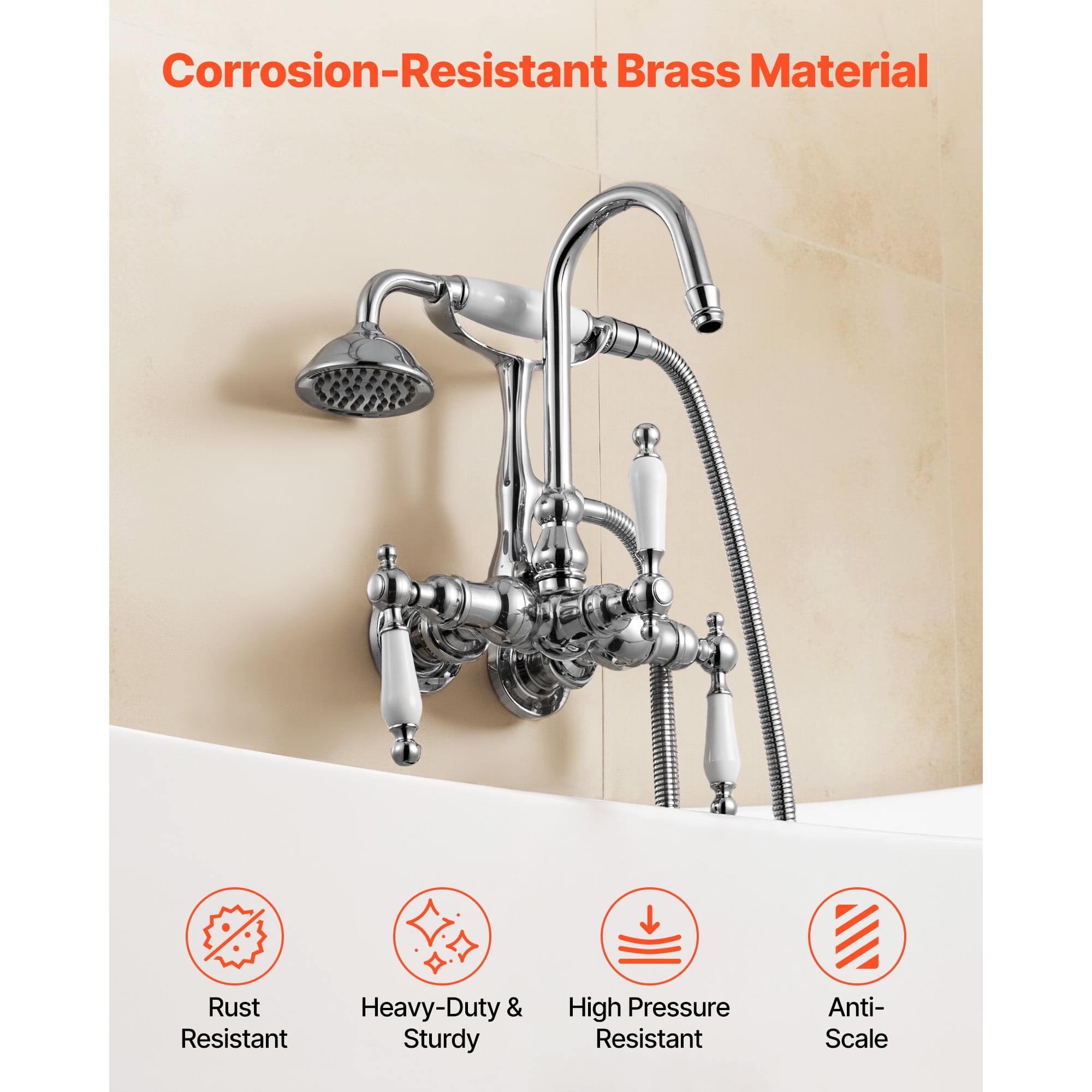 KFFKFF Wall-Mounted Clawfoot Tub Faucet with Handheld Shower, Polished Chrome Finish, Gooseneck Spout, and 59-Inch Hose – Combines Modern and Vintage Styles for Bathtubs