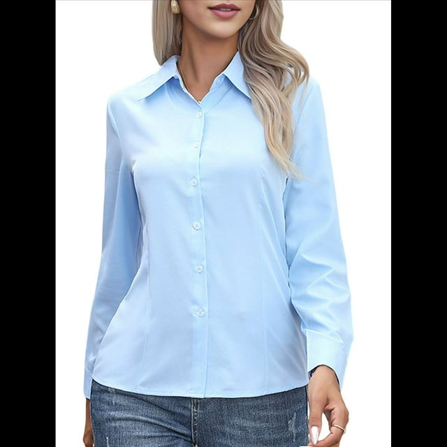 Camisas de Botones Súper Suaves y Antiarrugas para Mujer, de Larga, Lisas, A Rayas, para Vestir Formalmente en el Trabajo. Azul M