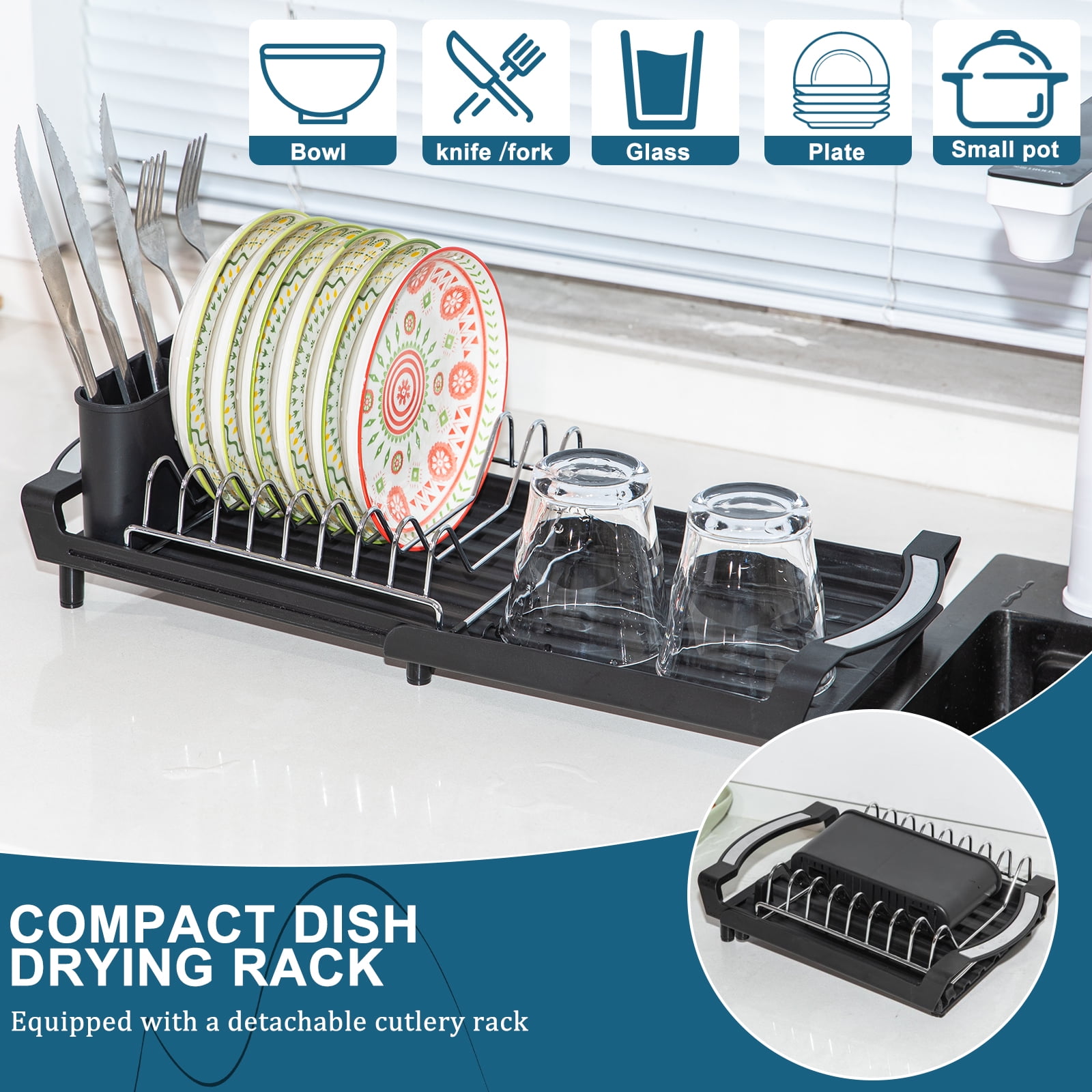 Dish Drying Rack, Extendable Dish Rack, Drying Rack Kitchen,Compact Dish Drainer,Utensil Holder, Cup Holder, Drying Rack for Kitchen Sink