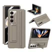 TECH CIR Hybrid Rugged Case for Samsung Galaxy Z Fold 4 Case with Built-in Screen Protector, Invisible Kickstand PU Leather Hinge Protector Camera Lens Protection Shockproof Case,Brown