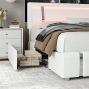 Homfa King Size LED Bed Frame with 2 Storage Drawers & USB Ports, Modern Leather Upholstered Platform Bed Frame with Adjustable Headboard, No Box Spring Needed, White