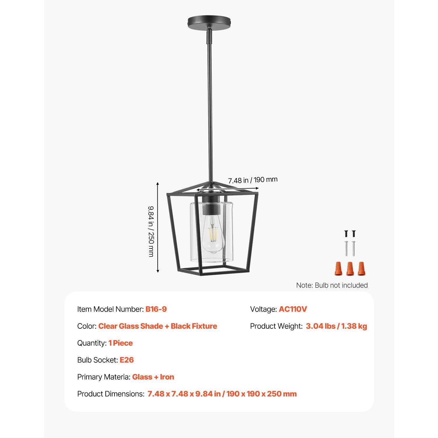 Vintage Cage Pendant Light Black Metal Frame Glass Shade Adjustable Height E26 Socket for Kitchen Island Dining Room Bar