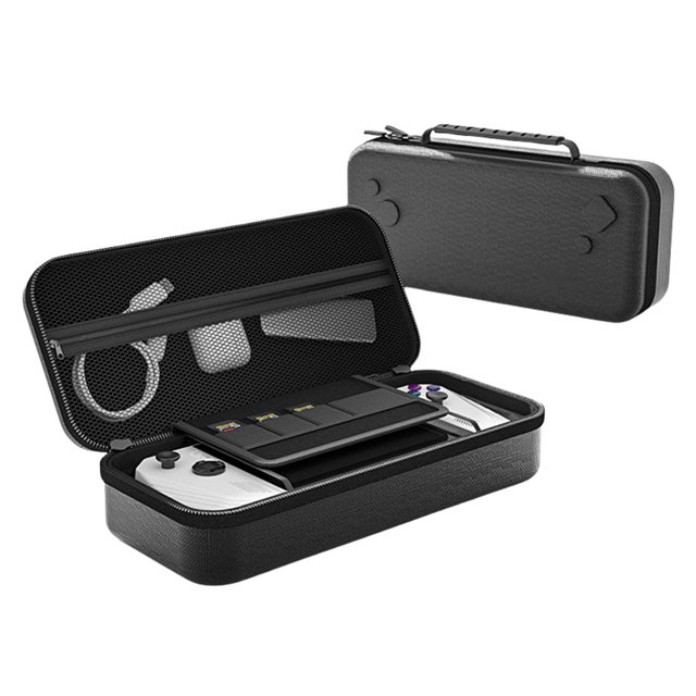 estuche transporte duro portátil carcasa bolsita a prueba amortiguadores impermeables para accesorios consola rog negro — Vista 3/4 frontal de una funda rígida negra abierta; interior con base acolchada, compartimentos elásticos para controles y ranuras para cartuchos, tapa con bolsillo de malla con cremallera para cables, asa superior integrada y textura exterior. Ideal para guardar controles, cables y cartuchos en viajes.