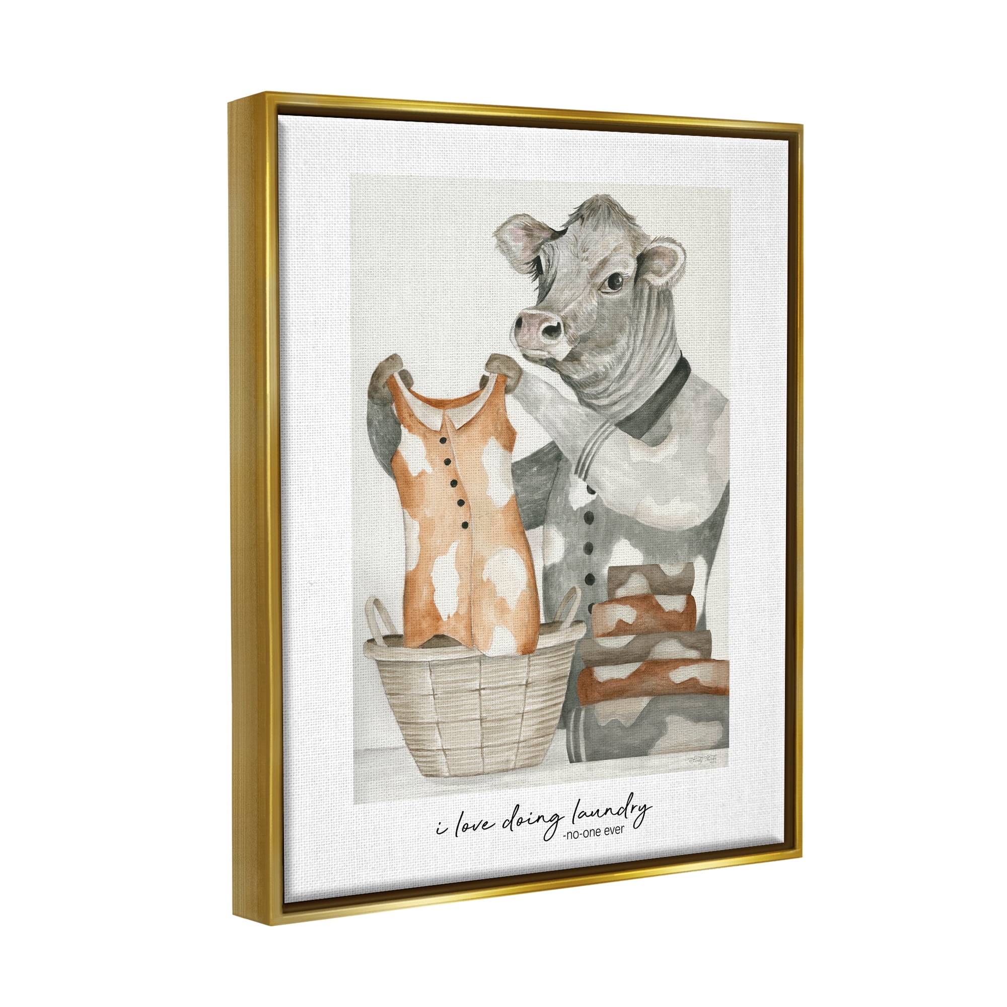 Stupell Industries Funny Laundry Cow Phrase Animals & Insects Painting Gold Floater Framed Art Print Wall Art, 17 x 21