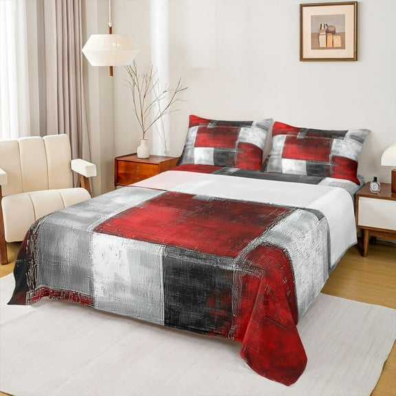 Manfei Modern Geometeic Square Twin Sheet Sets,Abstract Plaid Twin Fitted Sheet,Red Gray White Flat Sheet For Teens,Breathable Home Decor,3pcs