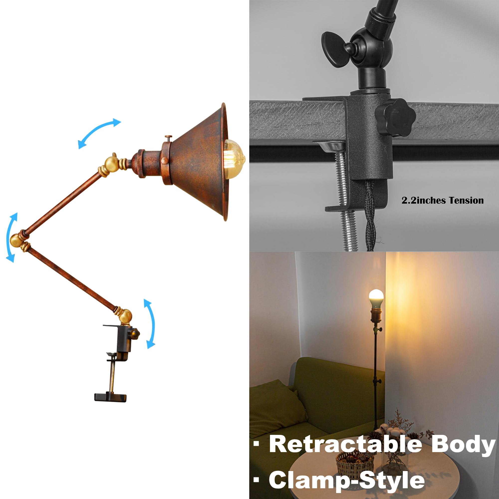 Kiven Dimmable Clip-on Desk Lamp, 1-Light Iron Modern Nightstand Lamp with Flexible Swing Arm, 8.2FT Plug in Cord, Decorative Clamp Lamps for Office Bedside Bookshelf, Rusty Red Finish,BD2775