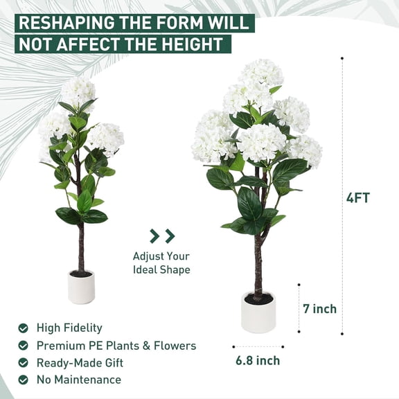 Set of 2 Artificial Hydrangea Tree 4 ft- Large Faux Hydrangea Plants Indoor Outdoor，Fake Flower Trees with White Tall Planter for Home Garden,Front Decor