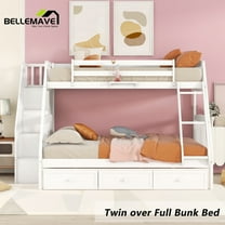 BELLEMAVE Twin over Full Bunk Bed with there drawer, bulid in ladder and storage stairs, Convertible into 2 beds, Bunk bed /Wood Bunk Bed for Teens(White)