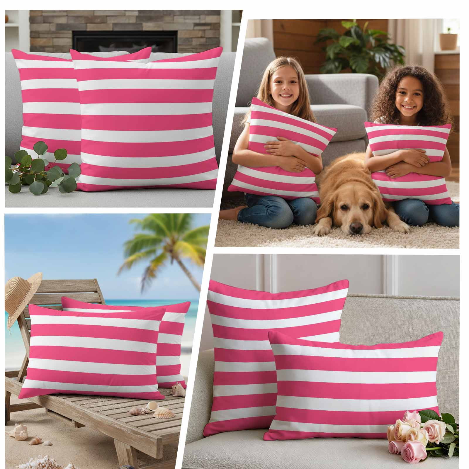 Pink Striped Outdoor Waterproof Pillow Covers, Modern Simple Monochrome Geometric White Decorative Rectangle Throw Pillowcase Sofa Cushion Sham for Patio/Couch/Chair, 20"x12" 2 Pack