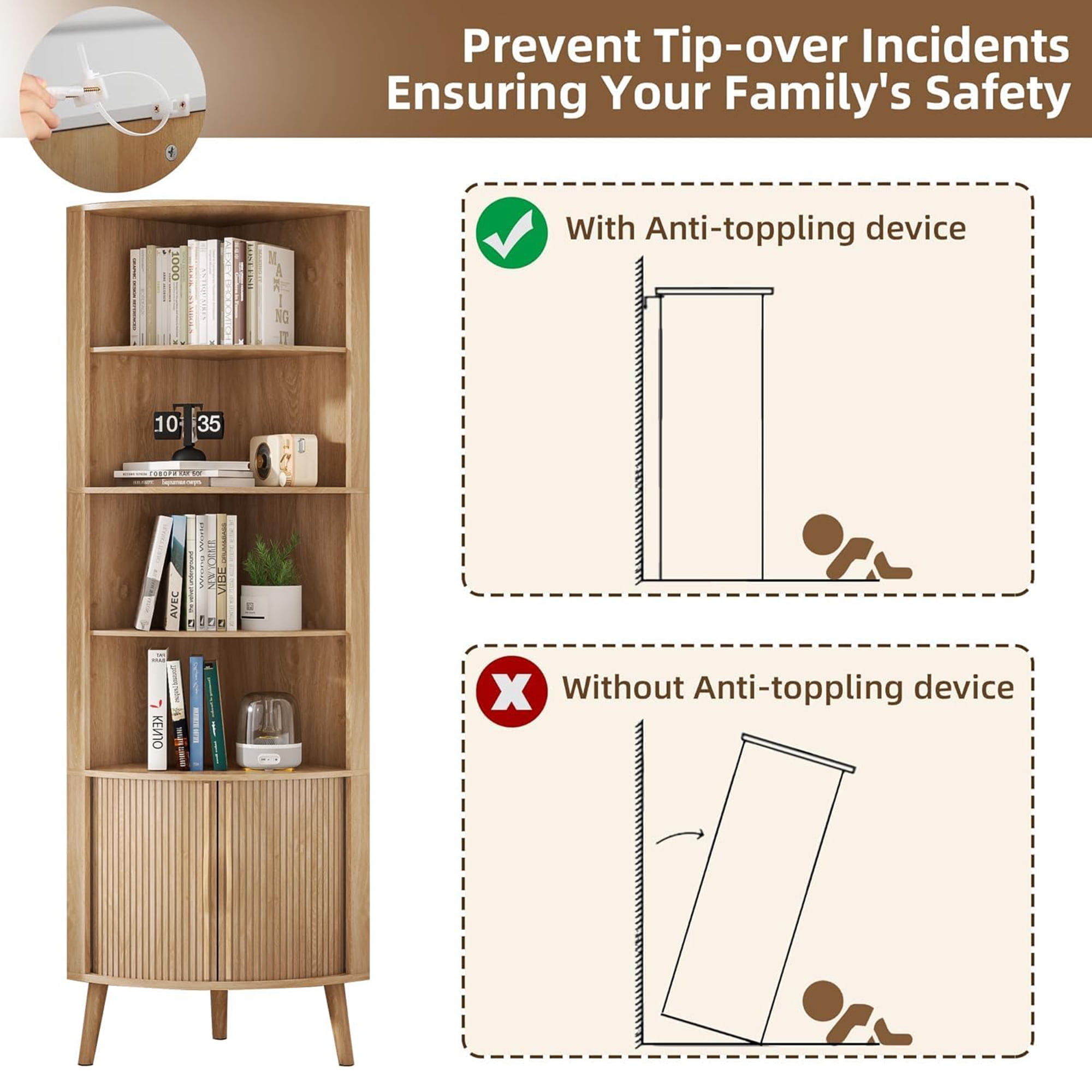 Bathroom Floor Corner Cabinet with Doors, Freestanding Narrow Storage Cabinets for Living Room, Kitchen, Walnut Color
