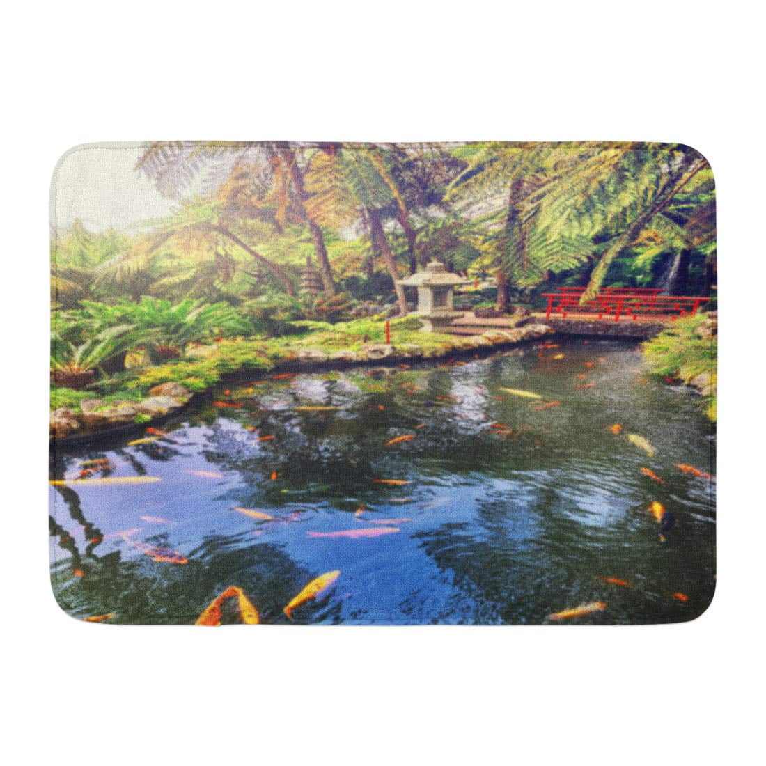 GODPOK Bridge Green Asia Japanese Garden with Swimming Koi Fishes in