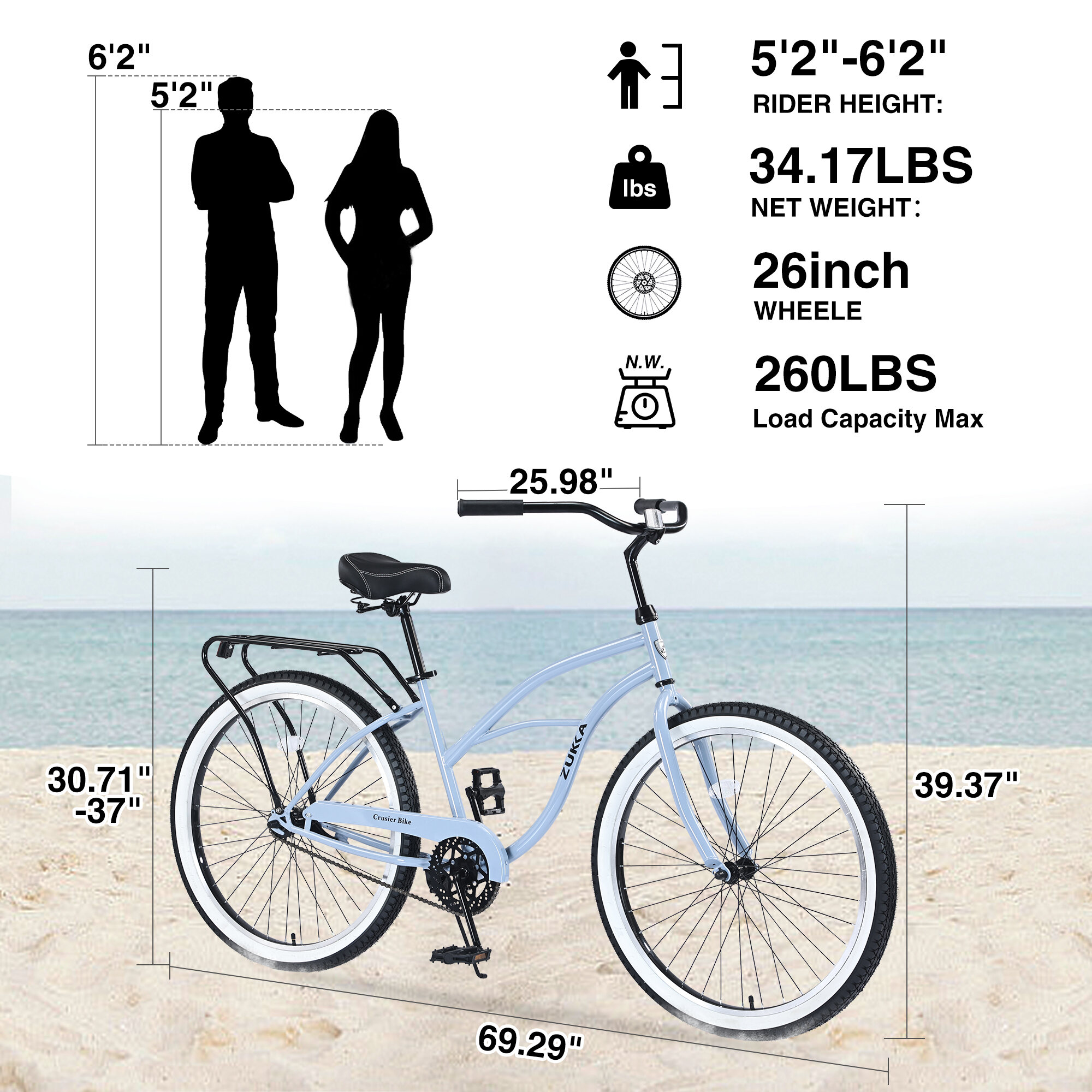 Road Bikes, Single Speed Bicycles 26"Inch,Steel Frame, Wide Wheels for Stability, Rear Coaster Brakes,Multiple ColorsWomen's Beach Cruiser Bike, Blue Mountain Bikes,Steel Bicycles