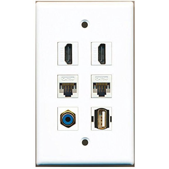 RiteAV - 2 HDMI 1 Port RCA Blue 1 Port USB A-A 2 Port Cat5e Ethernet White Wall Plate