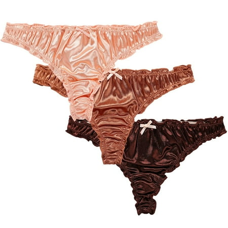 3 Pack Women Satin Thong Panties Low-Waist Ruffle Milk Silk G-string Panties Frilly Thongs Ladies Underpants