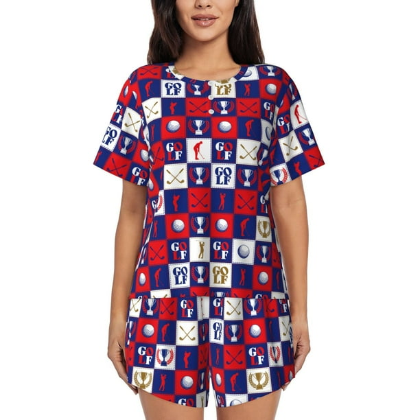Balery golf Conjunto de Pijama para Mujer con Estampado, Dos Piezas de Manga Corta y Shorts, Ropa de Dormir Suave con Cuello Redondo y Bolsillos-Large