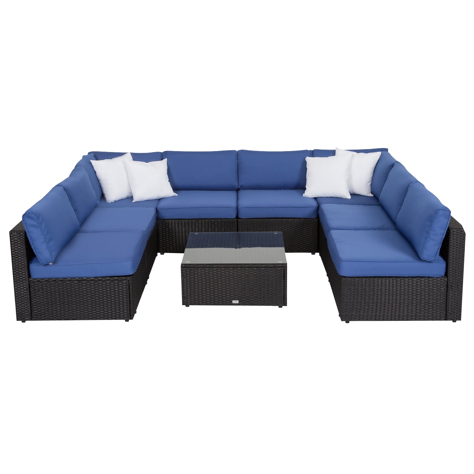 Kinbor 9 Pcs Outdoor Furniture Patio Sectional Sets Rattan Wicker Sofa with Coffee Table, Dark