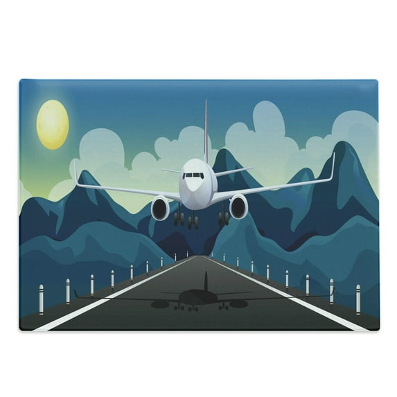 Airport Cutting Board, Digital Illustration of Airplane Taking Off from Runway on Mountains Backdrop, Decorative Tempered Glass Cutting and Serving Board, in 3 Sizes, by Ambesonne