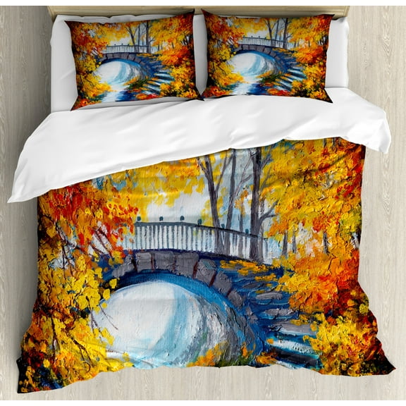 Art Duvet Cover Set, Autumn Forest with a Bridge over Road Dramatic Season Shady Leaves Print, Decorative 3 Piece Bedding Set with 2 Pillow Shams, King Size, Marigold Vermilion Blue, by Ambesonne