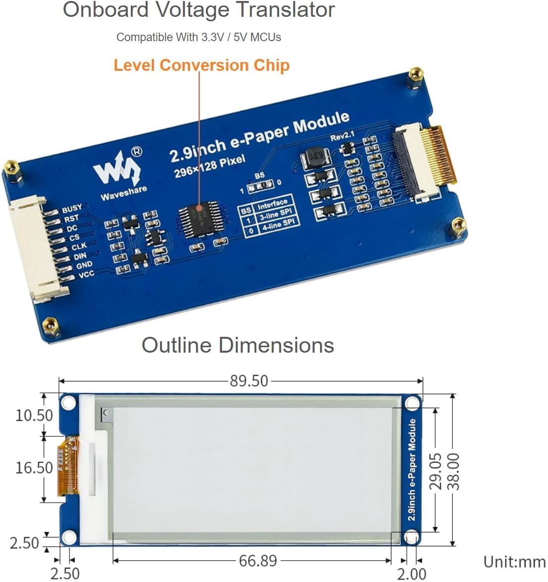 2.9inch e-Paper Display Module, 296x128 Resolution 3.3V/5V Two-Color epaper Display E-Ink Screen Module SPI Interface Compatible with /Arduino/Jetson Nano,Support Partial Refresh