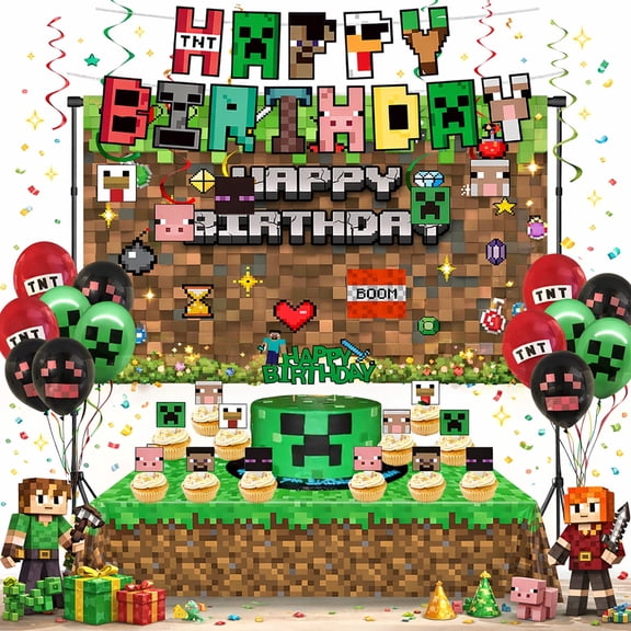 Pixel Party Decorations Set for Kids, Includes Balloons, Backdrop, Banner, Tablecloth, Hanging Swirls & Cake Toppers for Themed Birthday Parties
