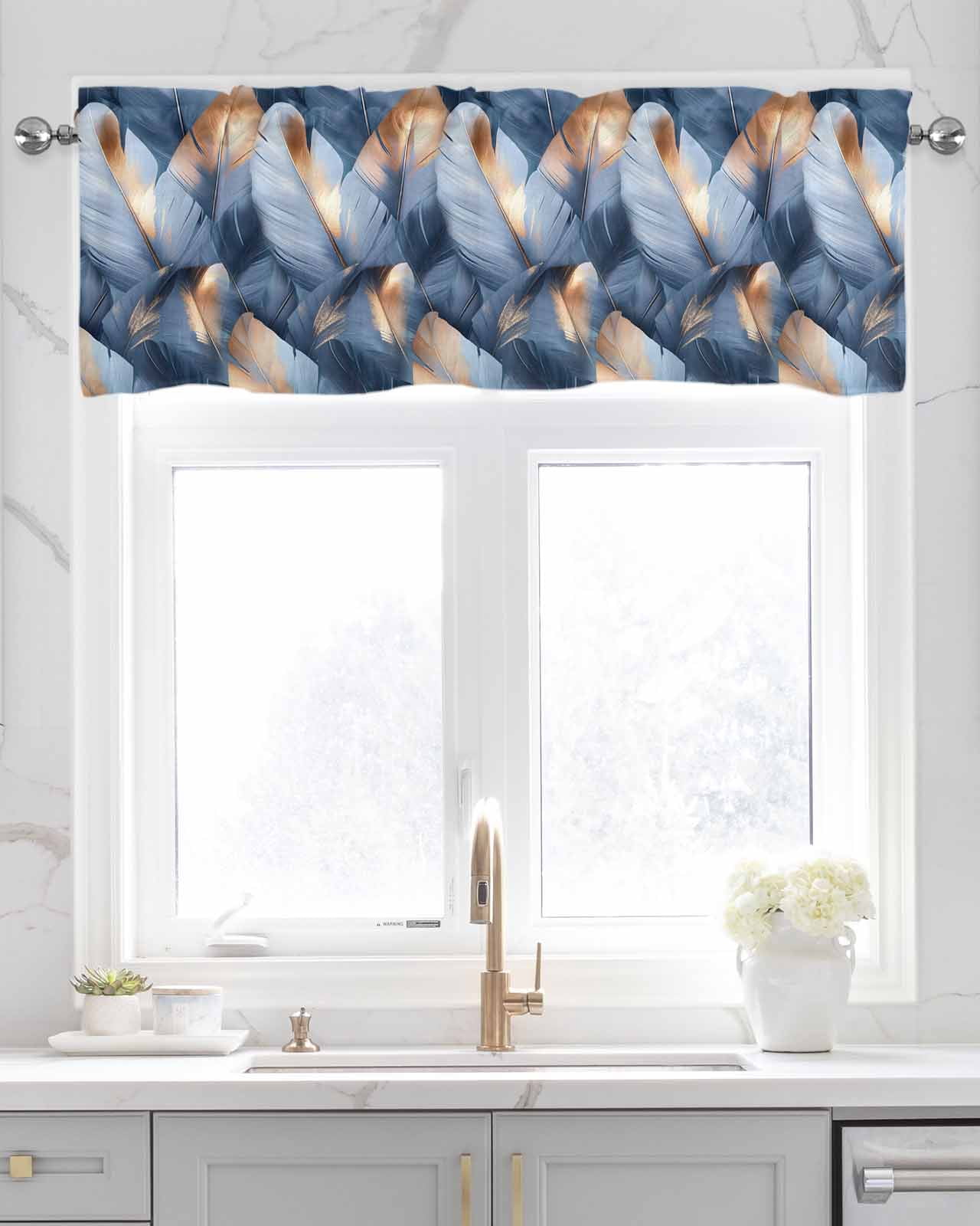 Navy Blue Ombre Feather Kitchen Valances for Windows Farmhouse Linen Window Valance Curtain for Living Room Window Treatment Modern Art Leaves Valance Rod Pocket Topper Drape, 42 x 18 Inch