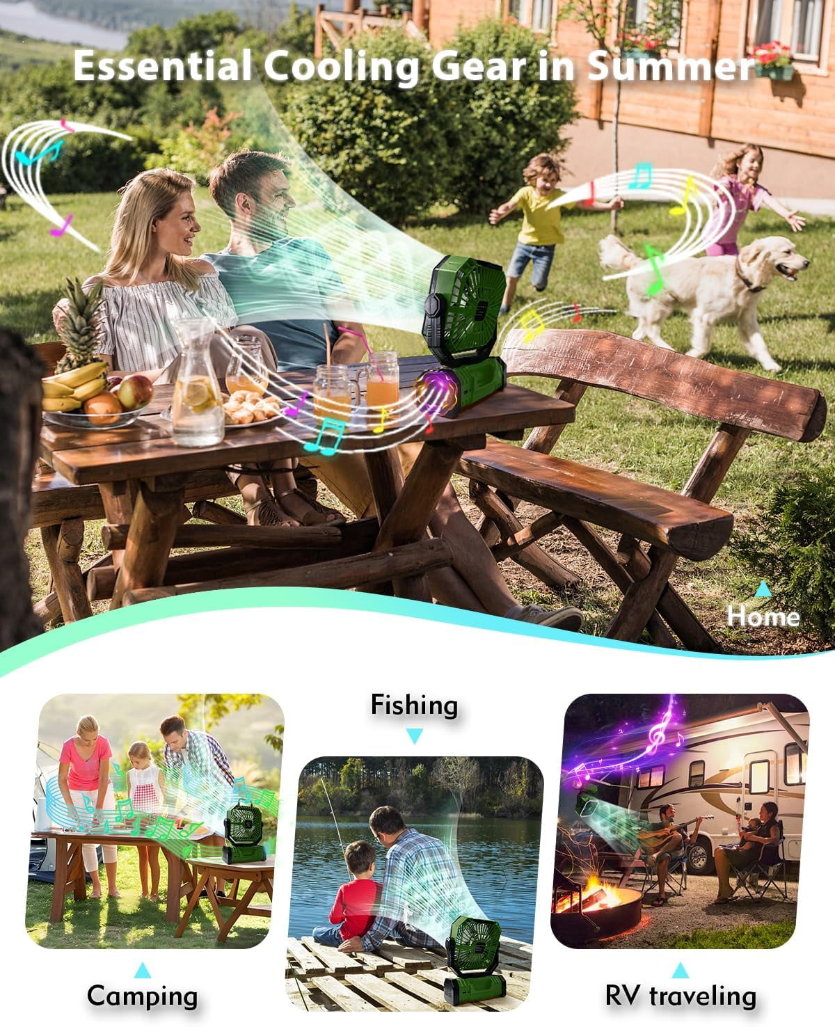 SuperRGB Portable Camping Fan, 20000mAh Rechargeable Battery Operated Fan with Bluetooth Speaker, LED Light & Remote, 4 Speeds, Timer & Hook for Tent, Outdoor, Travel, Green