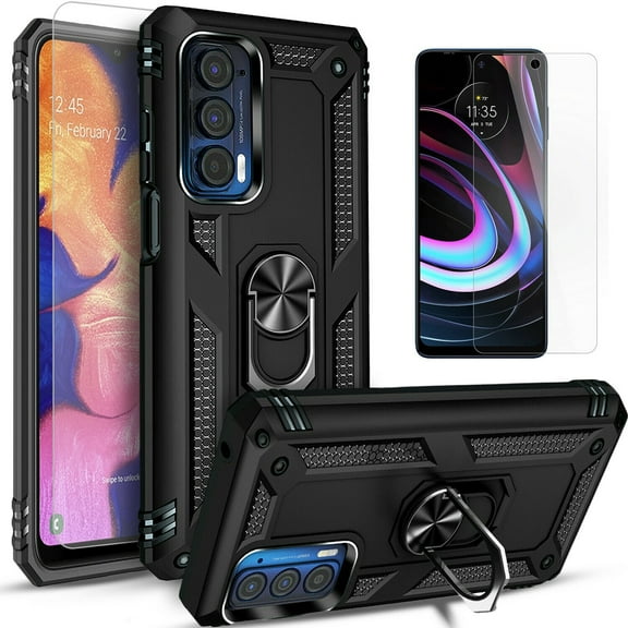 Starshop Case for Motorola Moto G22,  Glass Screen Protector Drop Protection Ring Kickstand Cover Black