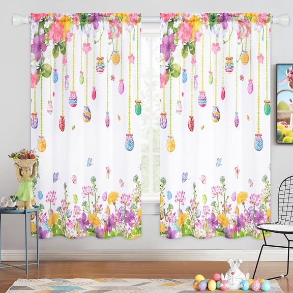 Easter Curtains for Living Room Colorful Eggs Flowers Window Curtains Rod Pocket Light-Filtering Floral Curtains for Bedroom 26"W x 54"L (Pack of 2)