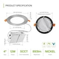 thumbnail image 3 of ASD 12 Pack LED Recessed Lighting 4 Inch, 5 CCT 2700K-5000K, 12W 50W Eqv, Ultra Thin Dimmable Ceiling Lights with J Box, Canless Wafer Downlight, Round Slim Panel Light, UL Energy Star, Brushed Nickel, 3 of 16