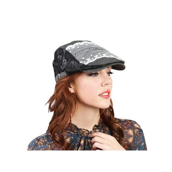 Top Headwear Lace Stone Flat Driver Cap - Black