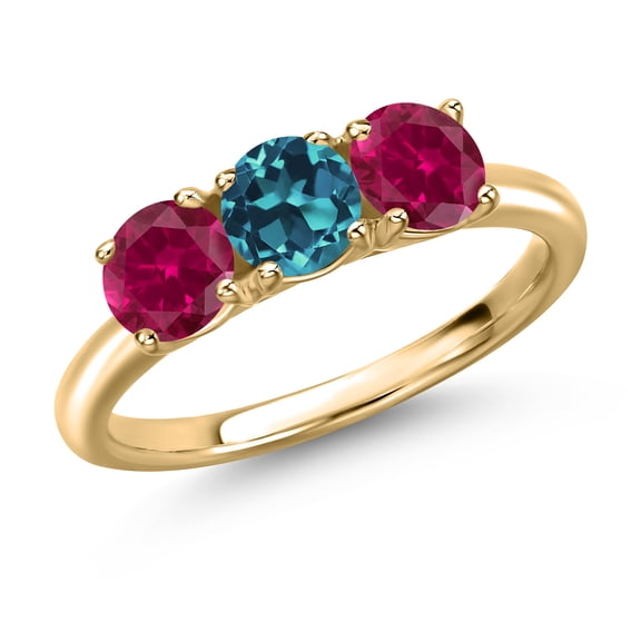 Gem Stone King 10K Yellow Gold London Blue Topaz and Red Created Ruby Engagement Ring for Women | 1.90 Cttw | Round 5MM | Gemstone November Birthstone | Size 9