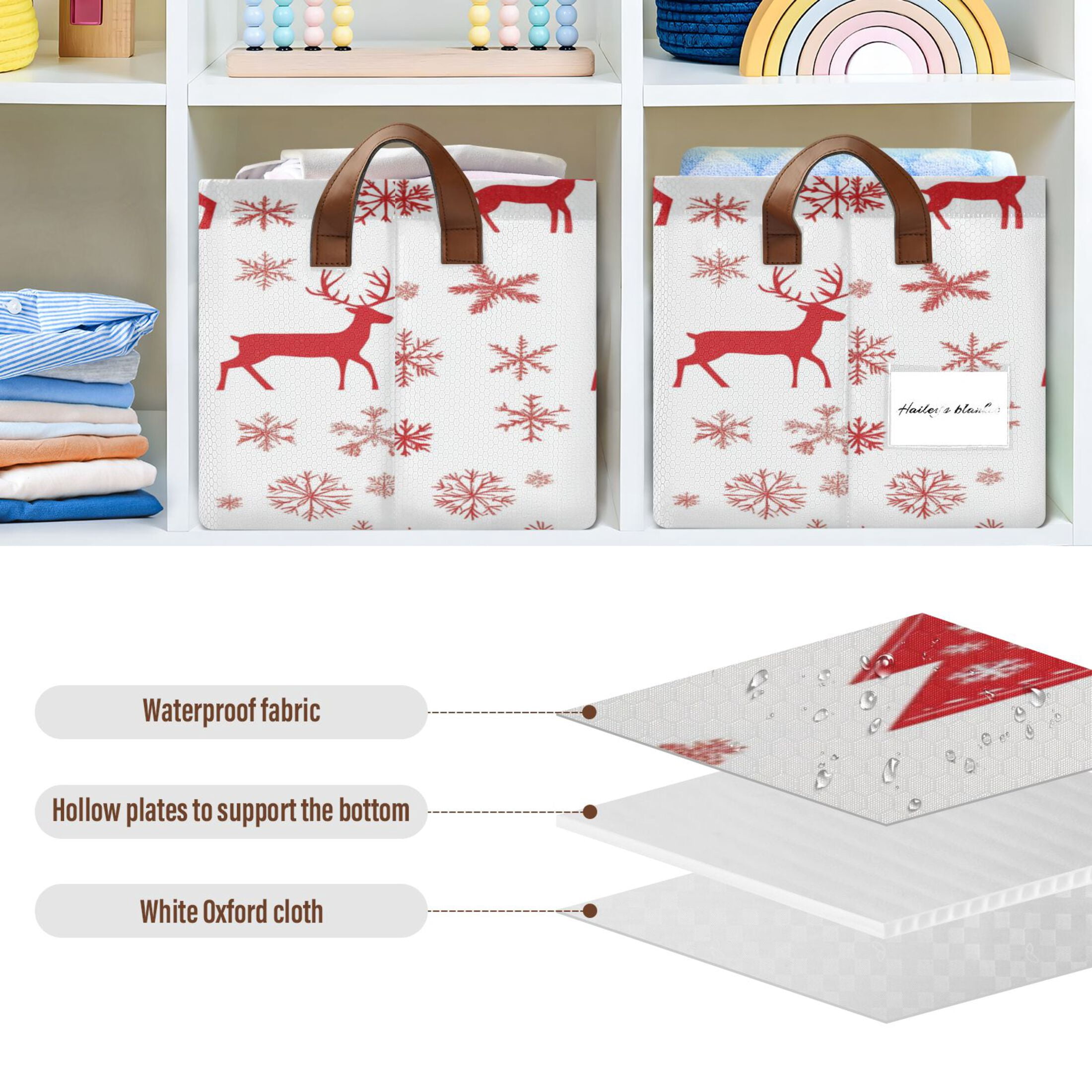 BZSMCE Collapsible Fabric Cube Storage Bins Red Christmas Pattern Design Pattern Storage Box