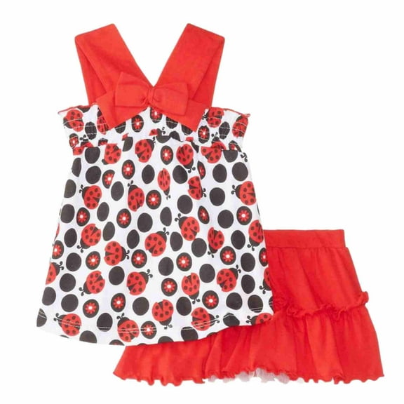 Young Hearts Infant Girl Red Ladybug Print Top Scooter Shorts 2 Piece Outfit 24m
