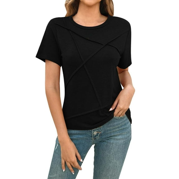Clearance! Delayuji Short Sleeve Shirts for Women Womens Summer Tops 2025 Pleated Round Neck Short Sleeve Shirts Business Casual L Black