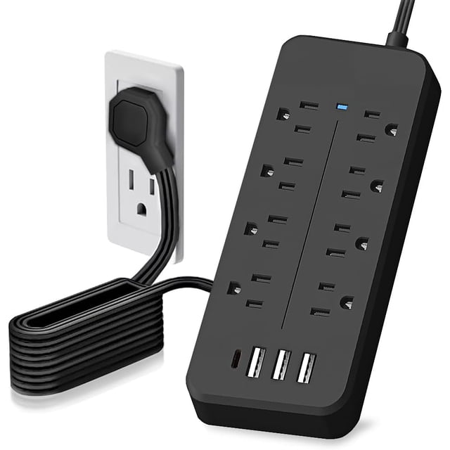 12 en 1 Regleta Multicontacto Extension USB, con 8 Salidas CA y 4 Puertos USB (1 USB C), Enchufe/Conector Multiple, 1.5M Extension Electrica, para Dormitorio, Casa, Dorm, Oficina (Negro