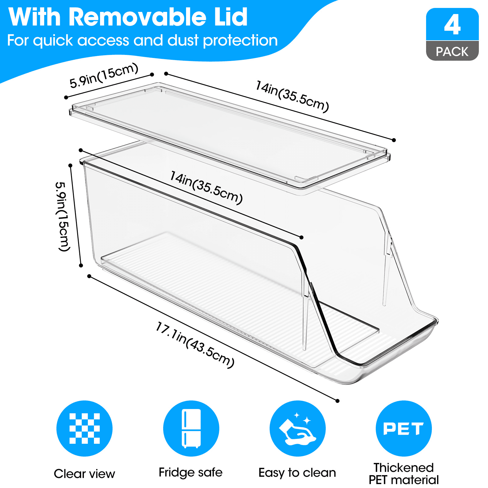 4 Pack Soda Can Organizer, Clear Refrigerator Organizer with Lids, Stackable Organizers for Pantry, Freezer, Kitchen – Holds 48 Cans