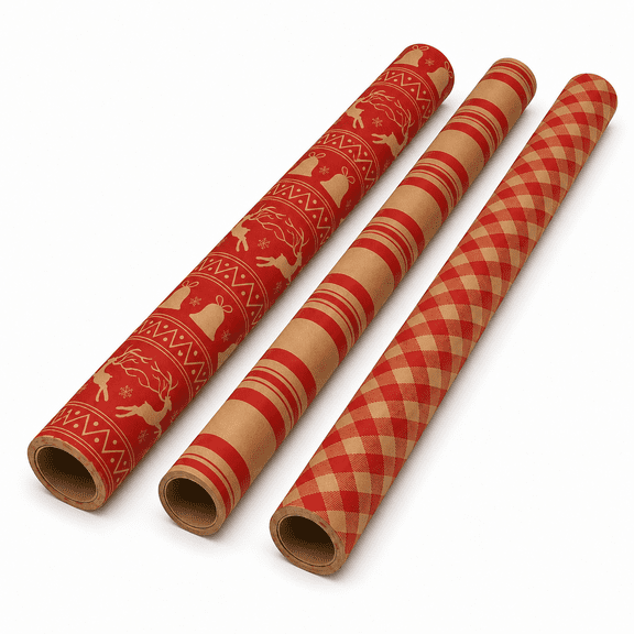 Caneden 3‑Pack Kraft Wrapping Paper Rolls, Red Gingham, Reindeer Bell & Red Stripe, Christmas Gift Wrap