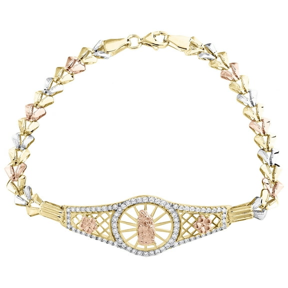 14K Tri Color Gold Fancy Link Mother Mary 15mm ID Statement CZ Bracelet 7.25"