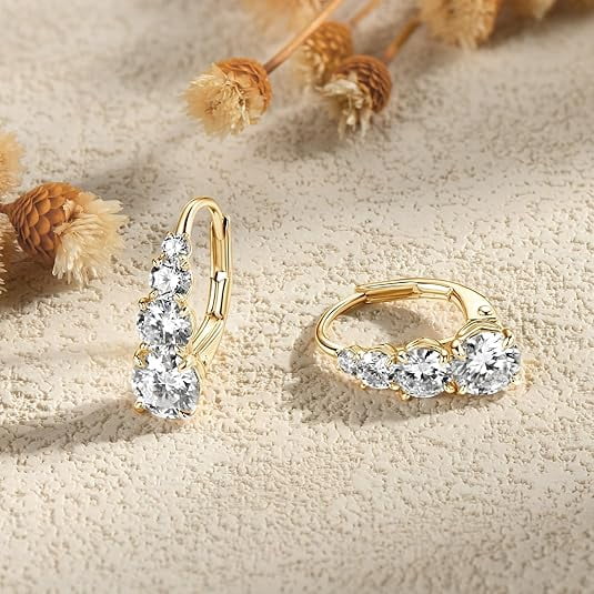 4 Stone Moissanite Hoop Earrings, 925 Sterling Silver Hypoallergenic Lever back Drop Earrings for Women,  Lab Created Diamond Valentine’s Day Jewelry Gift for Wife Fiancee
