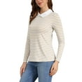 thumbnail image 4 of INSPIRE CHIC Women's Long Sleeve Top Contrast Striped Doll Collar Elastic Loop Back Casual Blouse S Apricot, 4 of 6