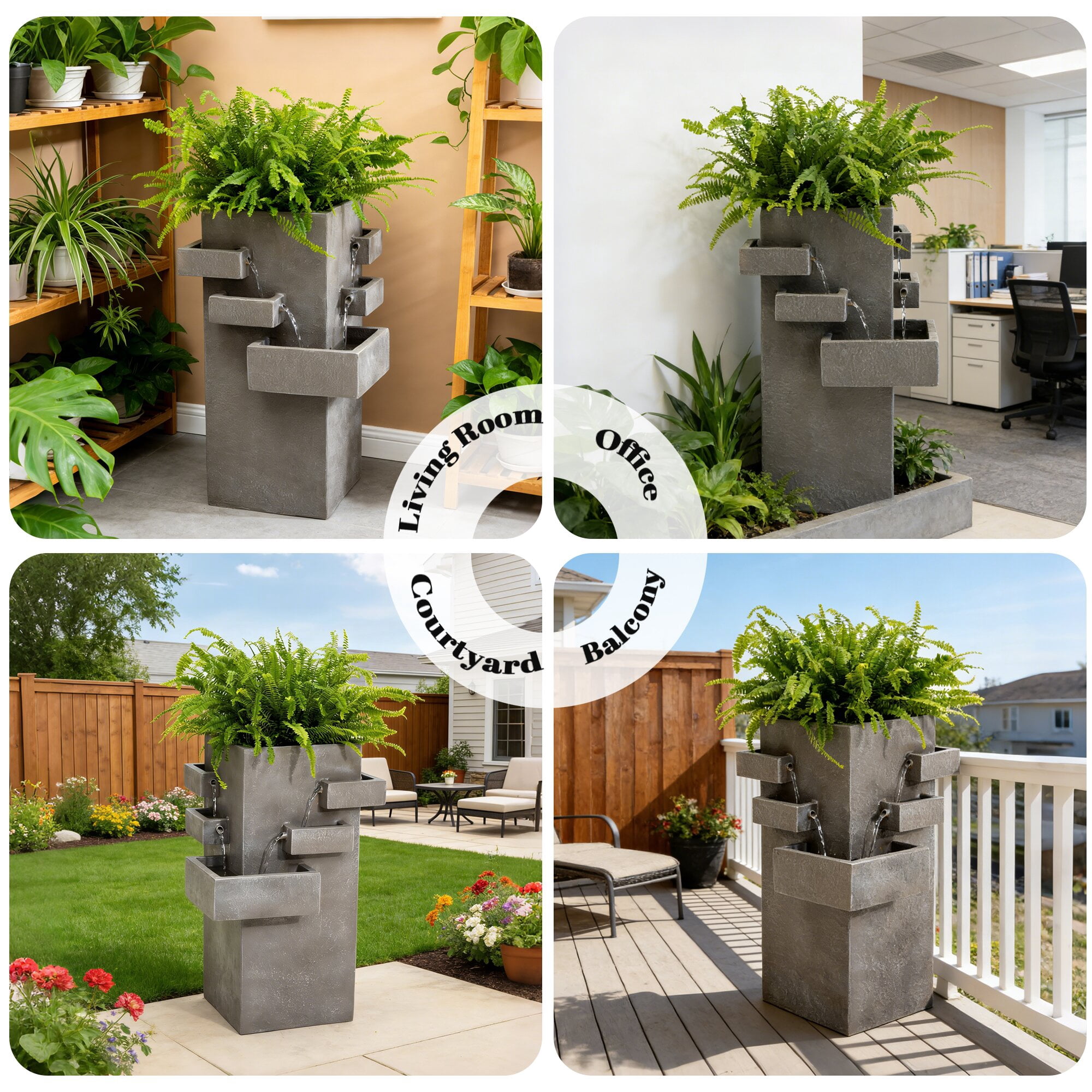 Kaluomm Outdoor Water Fountain 28" Modern Square, Textured Resin Cascading Waterfall for Garden Yard Patio, Gray