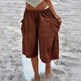 thumbnail image 5 of Women's Loose Fit Wide Leg Pants Summer Cotton Linen Casual Five Quarter Pants Elastic Waist with Drawstring Trouses by Yigetop Brown L, 5 of 5