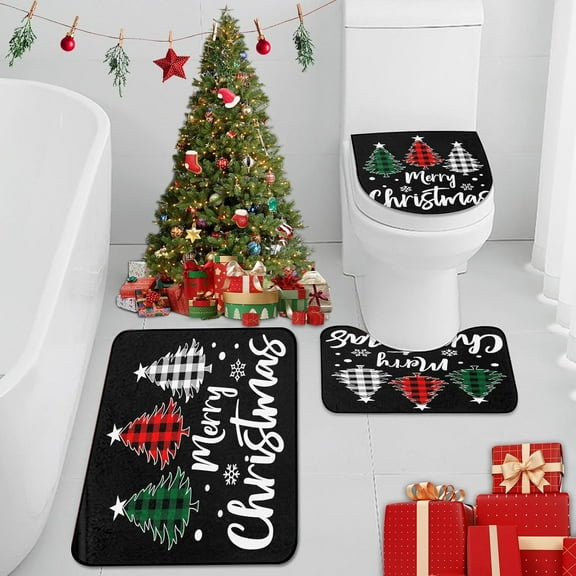 Merry Christmas Bathroom Rug Set of 3, Plaid Checkered Tree Snowflake 3 Pieces Bath Mats Set, No Silp Washable Cover Floor Rug Decorations for Kitchen Bathroom Bedroom