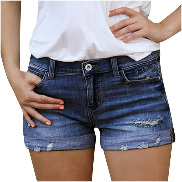 Mchoice Women's Mid Rise Rolled Hem Distressed Jeans Ripped Denim Shorts -  Walmart.com