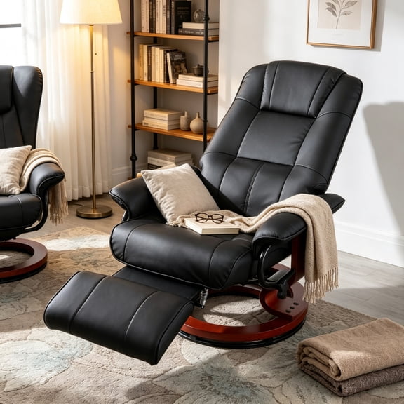 Black Manual Swivel Faux Leather Lounge Chair with Footrest and Armrest